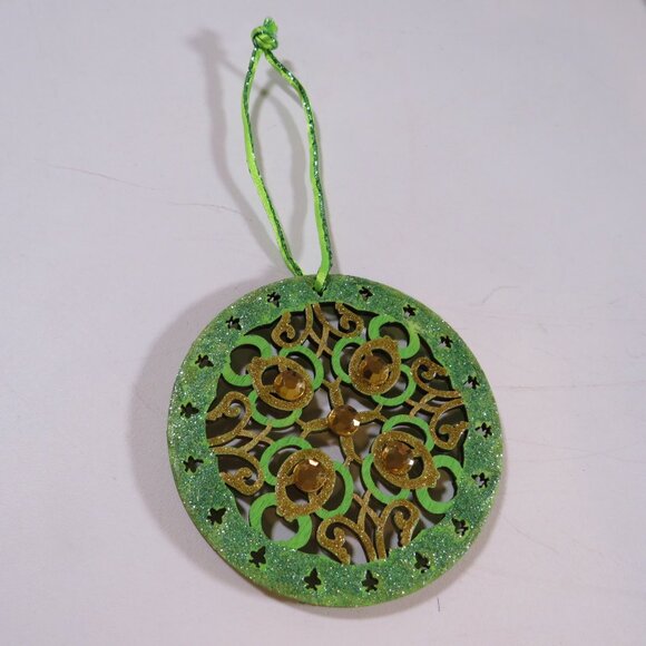 Golden Lime Circle Medallion Laser Cut Wooden Ornament with Rhinestones Hangs - Picture 3 of 7